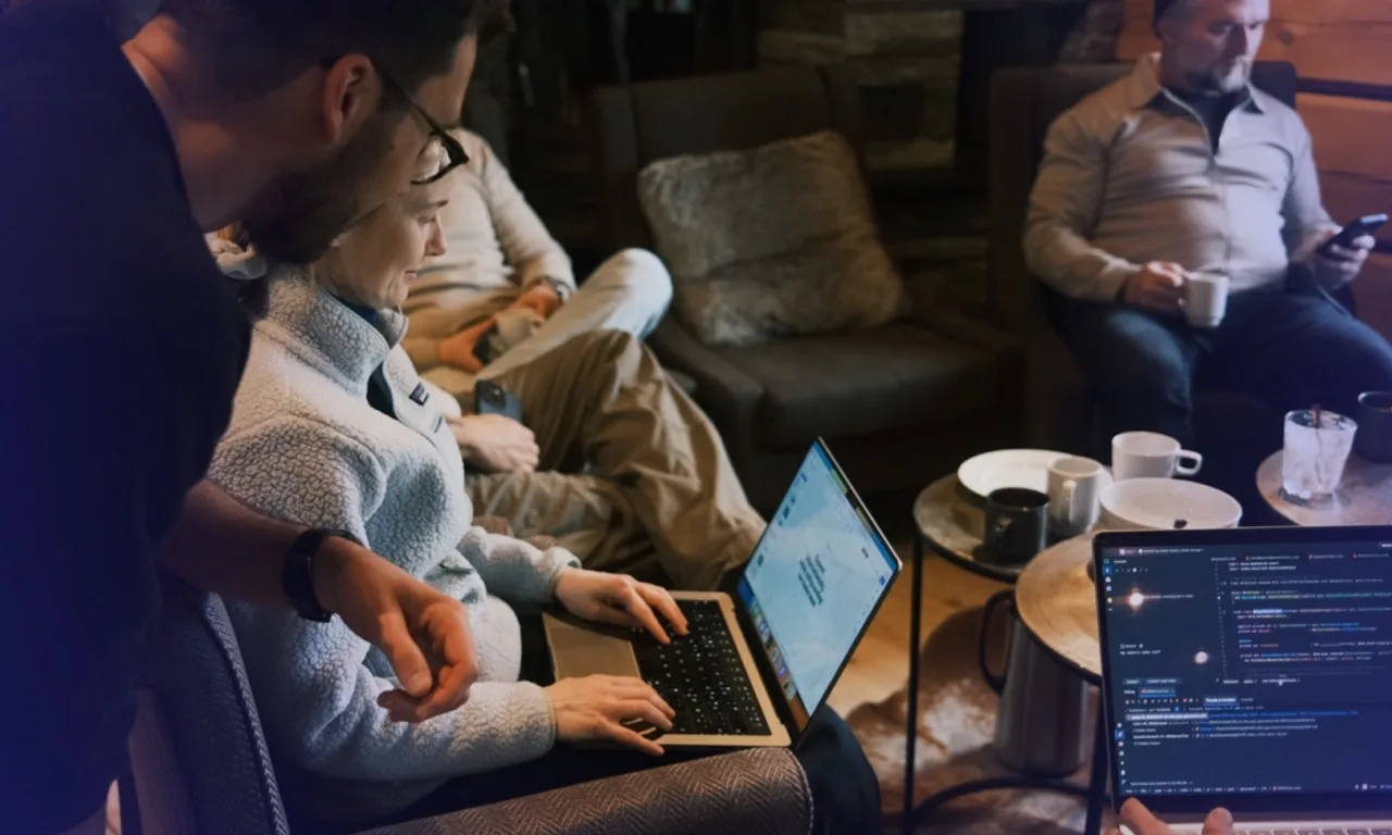 Group of four people in a cozy living room working on laptops and using a smartphone with coffee mugs on a table.