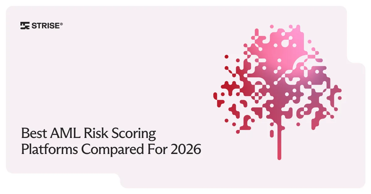 Best AML Risk Scoring Platforms Compared For 2026, with a pixel tree illustration in the Strise gradient