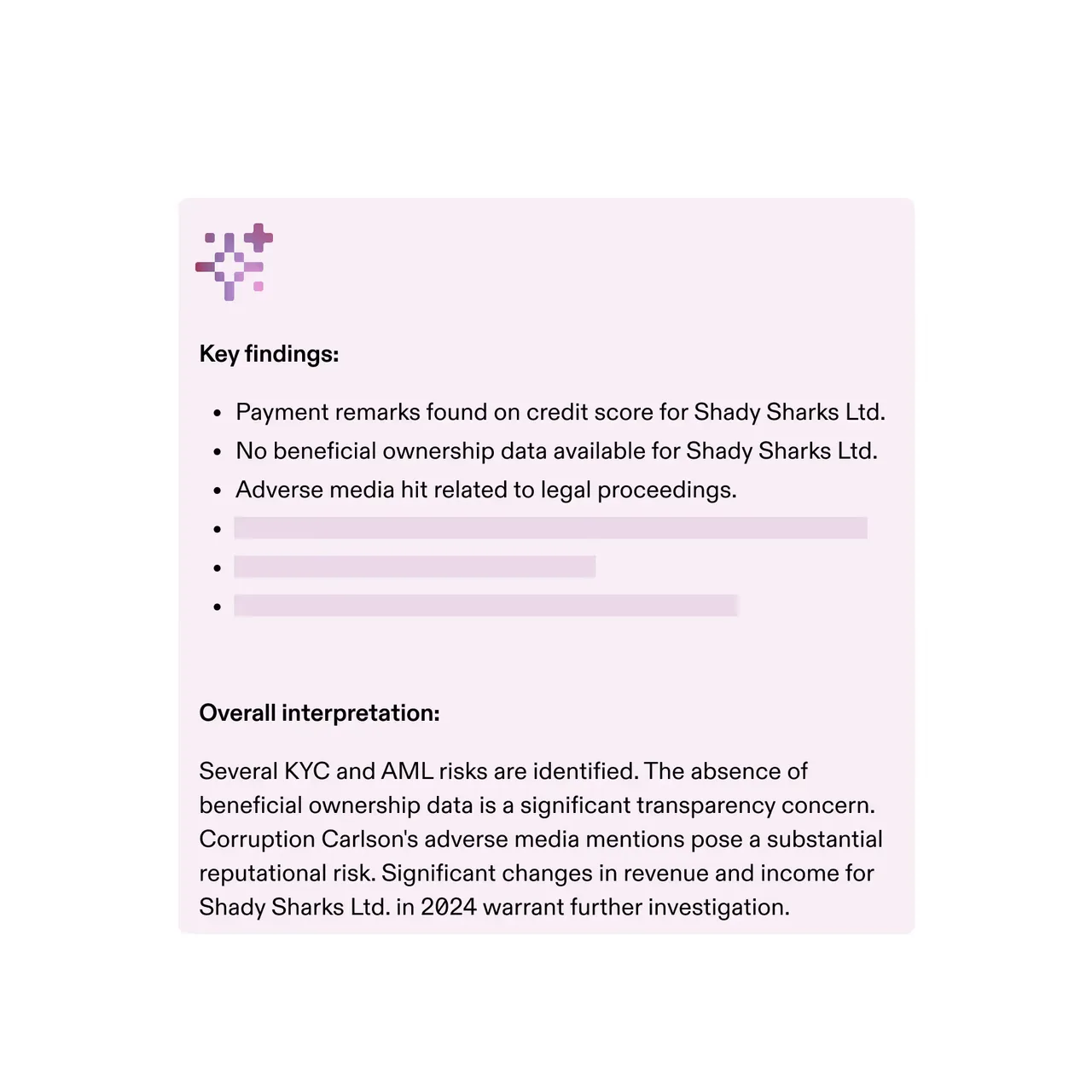 Summary of KYC and AML risks for Shady Sharks Ltd. highlighting legal issues and transparency concerns.